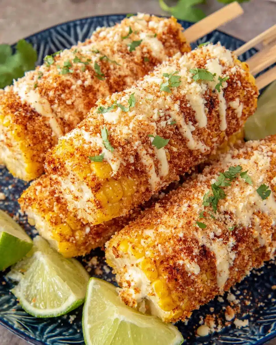 Creamy elote recipe with cotija cheese, chili powder, and lime on corn cobs