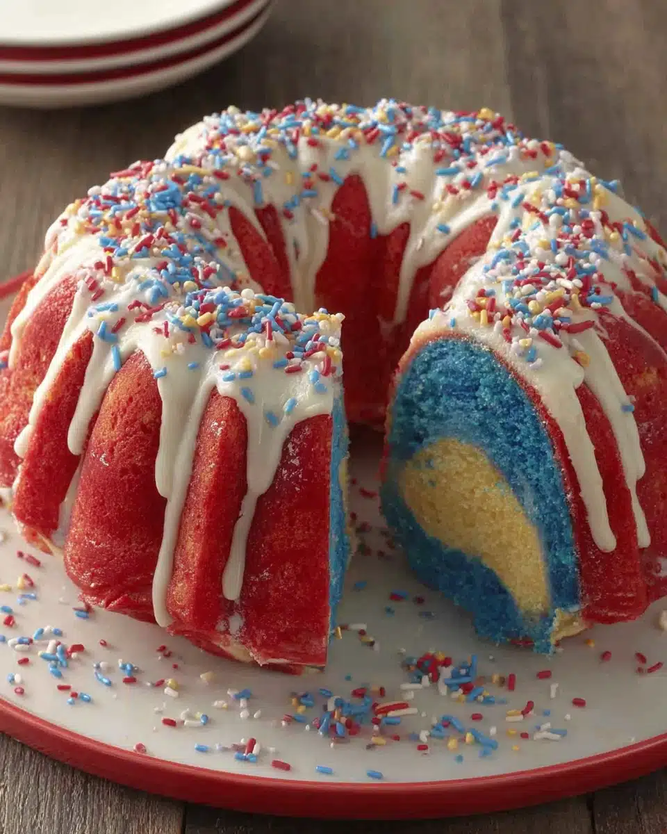 Firecracker red, white and blue cake with drizzled frosting and sprinkles