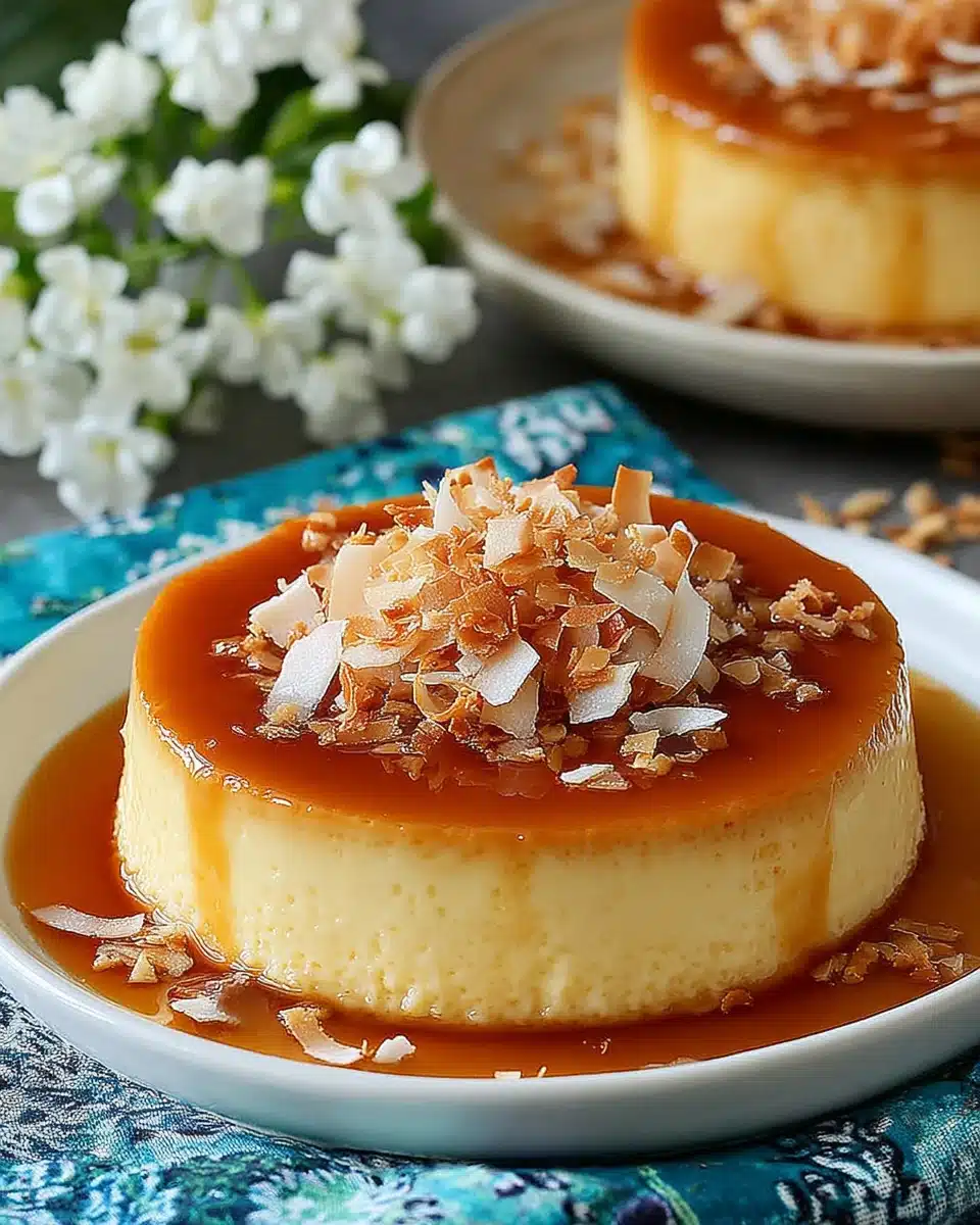 Flan de coco with caramel sauce and coconut flakes on a plate