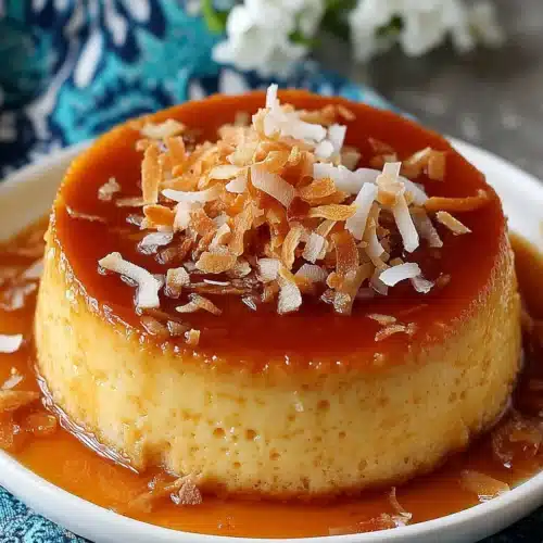 Flan de coco with caramel and coconut flakes on a plate