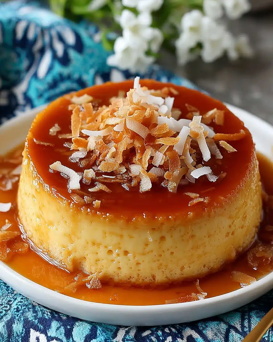 Flan de coco with caramel and coconut flakes on a plate