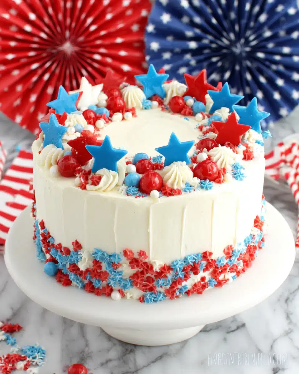 Fourth of July Layer Cake with Patriotic Star Decorations Fourth of July layer cake with red, white, and blue star toppers and candies