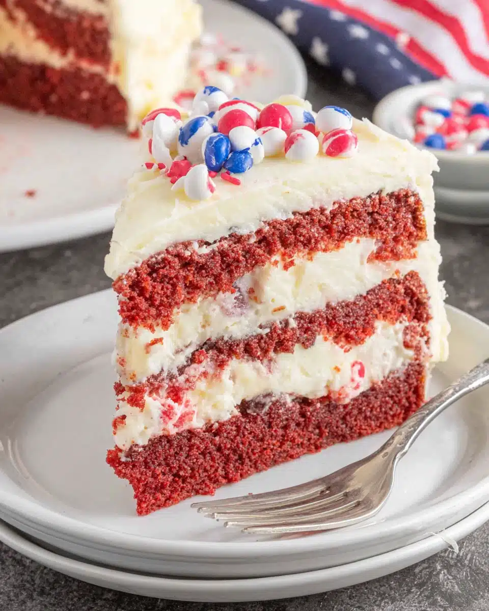 Fourth of July Layer Cake with Red and Blue Velvet Layers Fourth of July layer cake slice with red and blue velvet layers and festive decorations