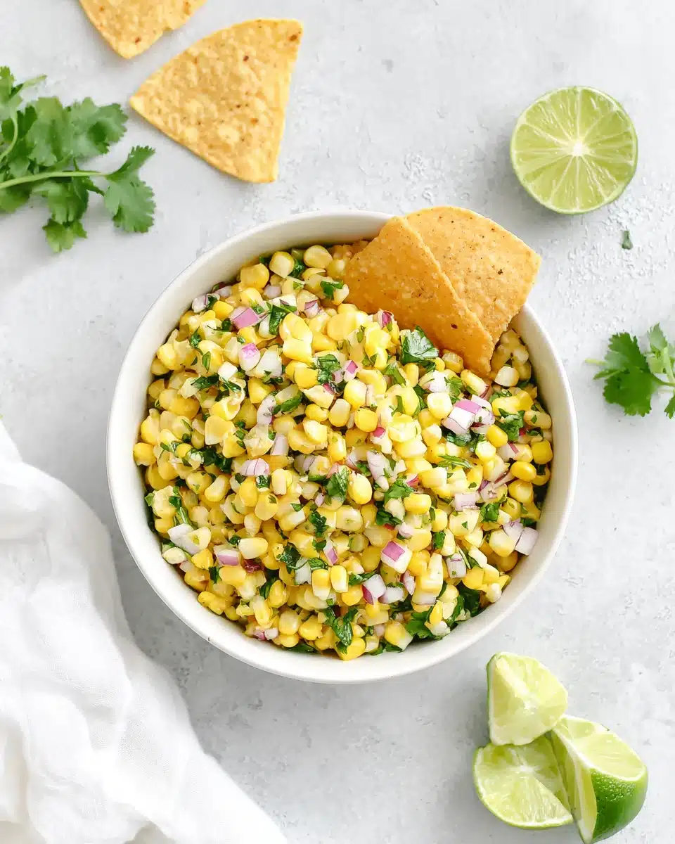 Fresh corn salsa in a white bowl with tortilla chips, lime, and cilantro