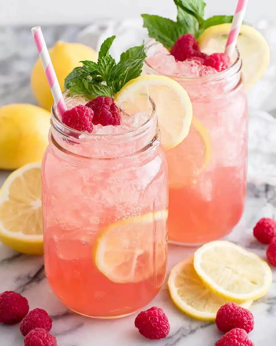 Fresh raspberry lemonade in mason jars with lemon slices, raspberries, and mint