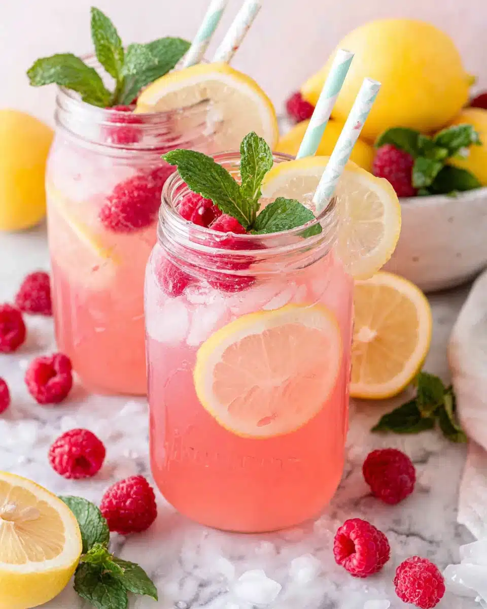 Fresh raspberry lemonade in mason jars with lemon slices and mint garnish