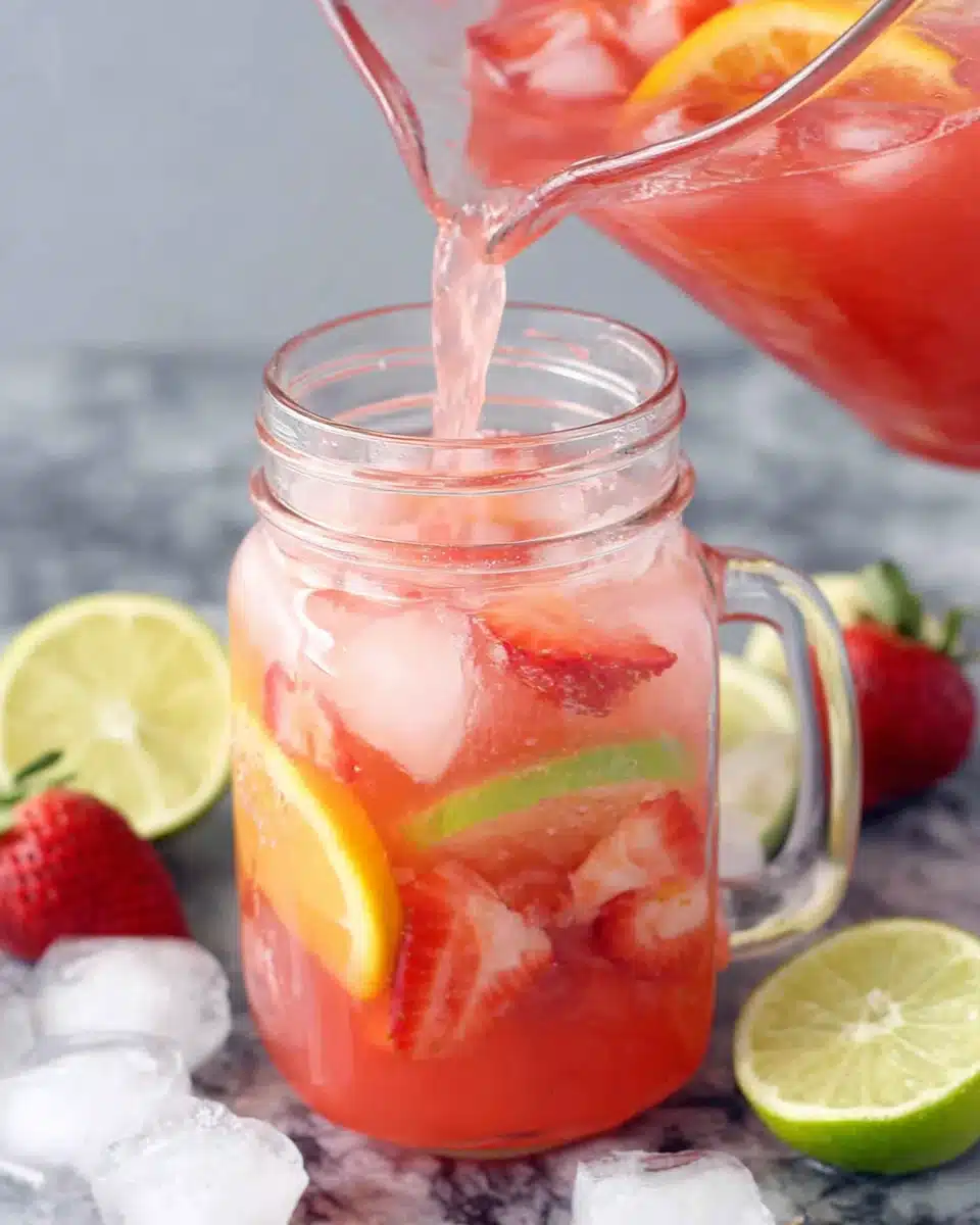 Fruit punch being poured into a mason jar with fresh fruit and ice, perfect for parties