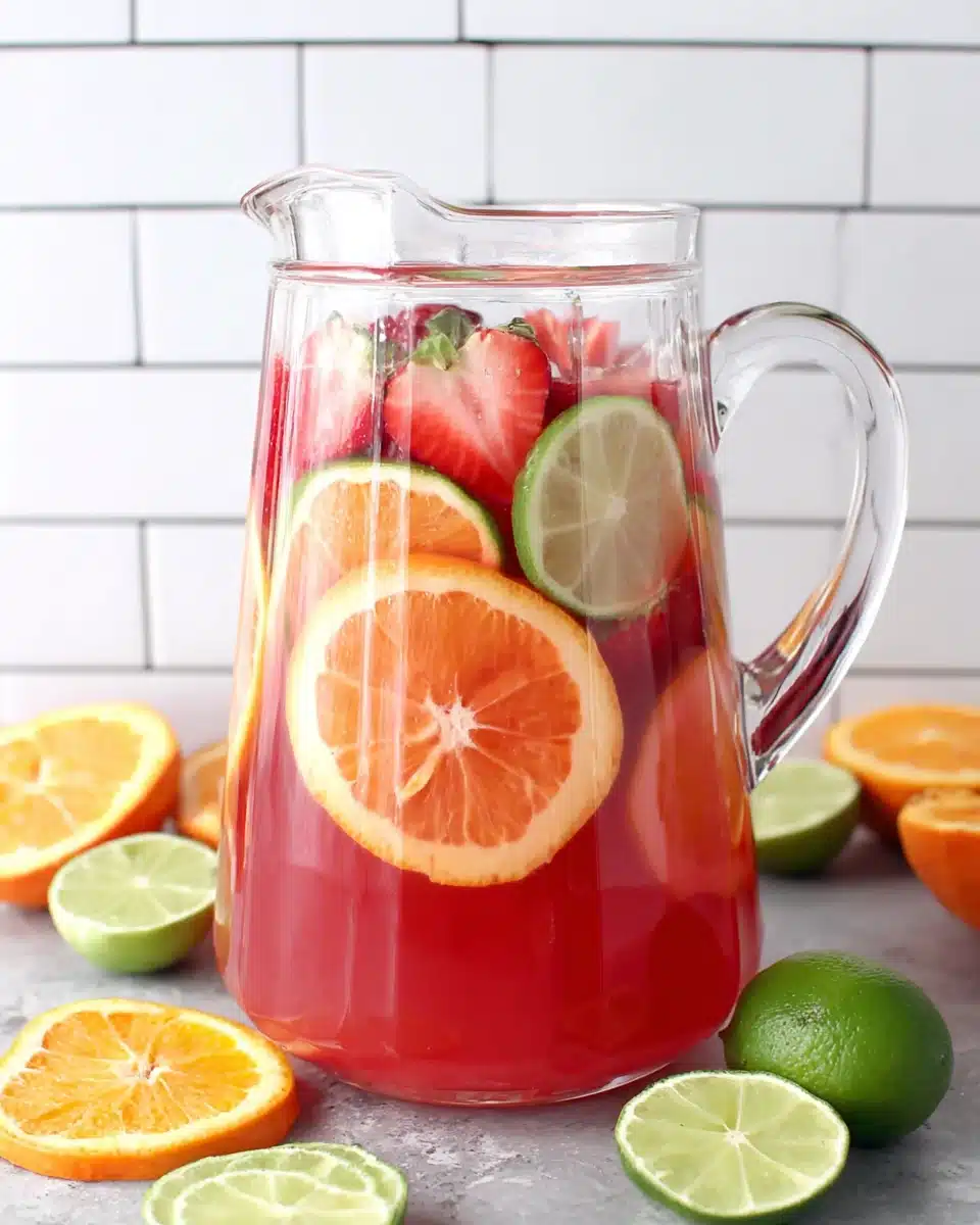 Fruit punch recipe in a pitcher with fresh fruit slices