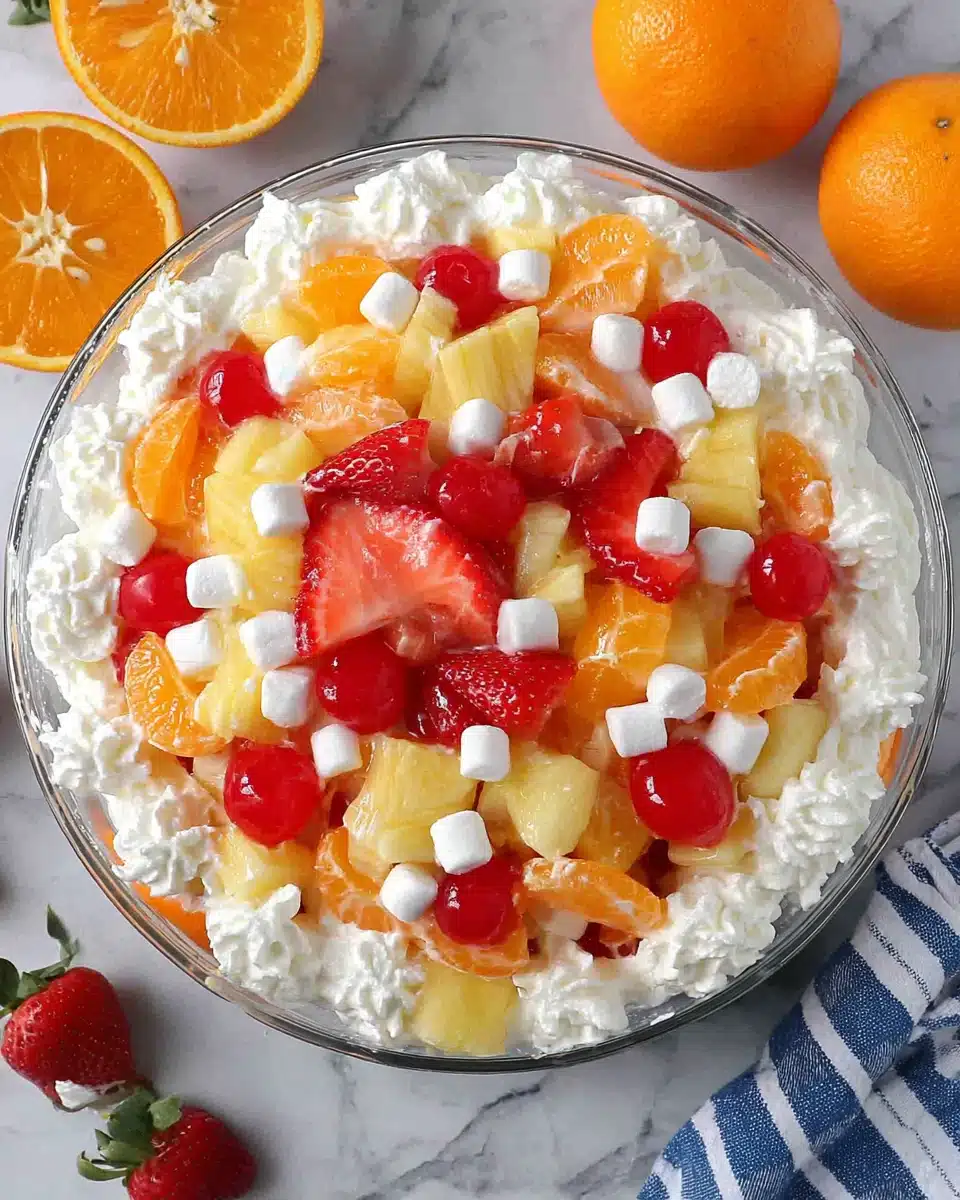 Fruit Salad with Cool Whip and Fresh Berries Colorful fruit salad with Cool Whip, strawberries, oranges, cherries, and marshmallows in a glass bowl