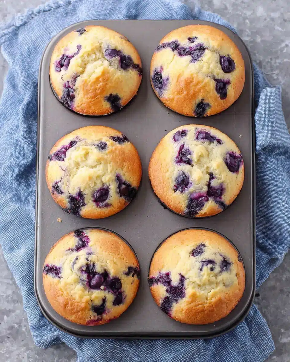 Freshly baked Greek yogurt blueberry muffins in a tray with juicy blueberries