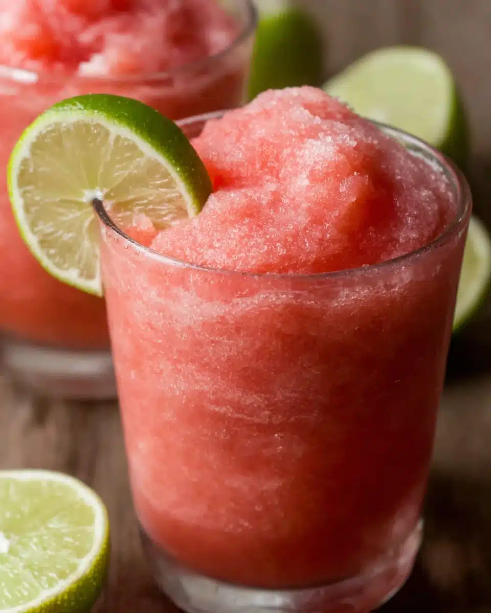 Healthy Watermelon Slushie with Lime Garnish Healthy watermelon slushie in a glass with lime garnish, refreshing summer drink