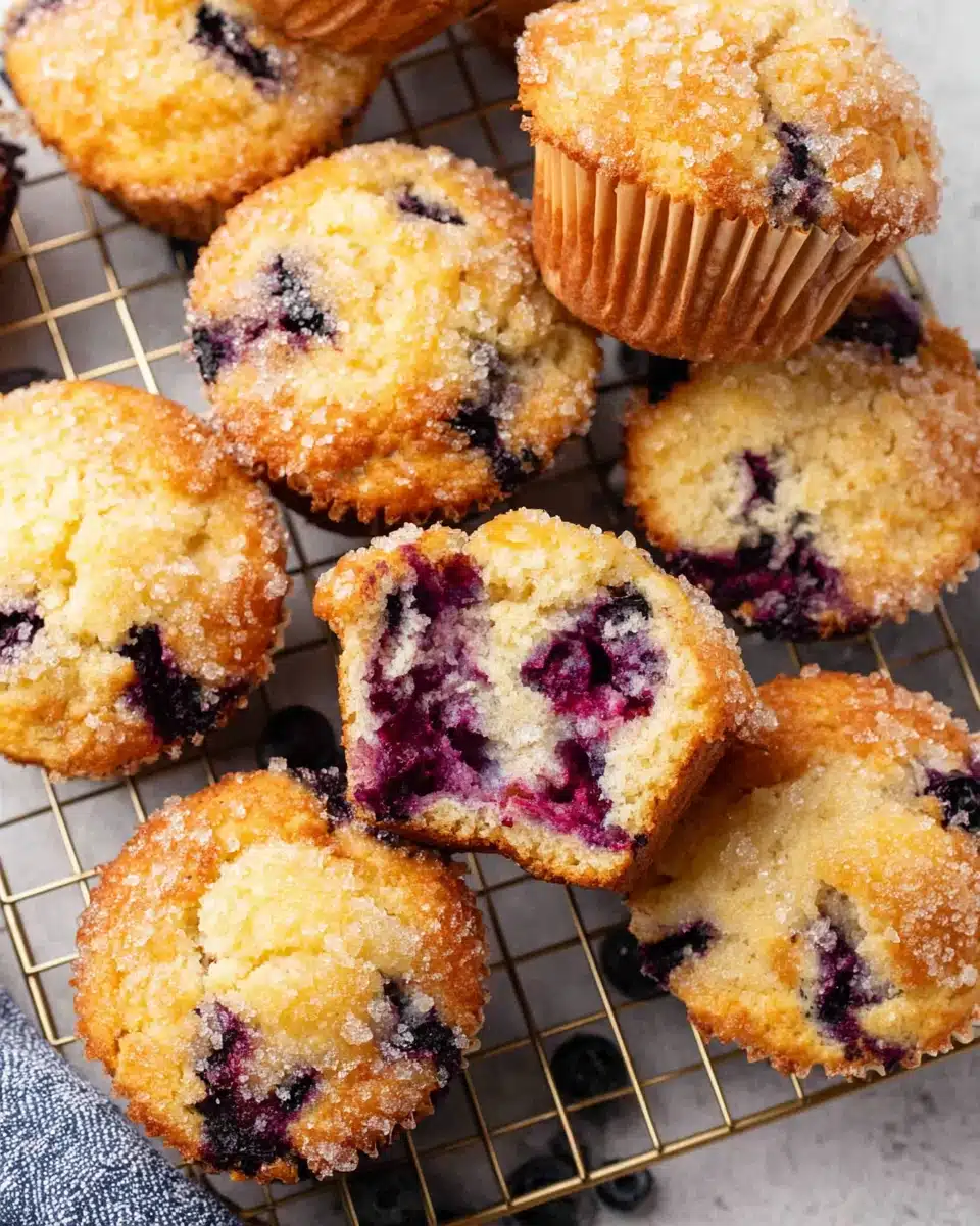 Homemade blueberry muffins with juicy berries on a cooling rack