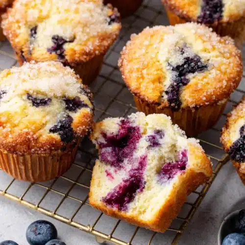 Homemade blueberry muffins with juicy berries on a cooling rack