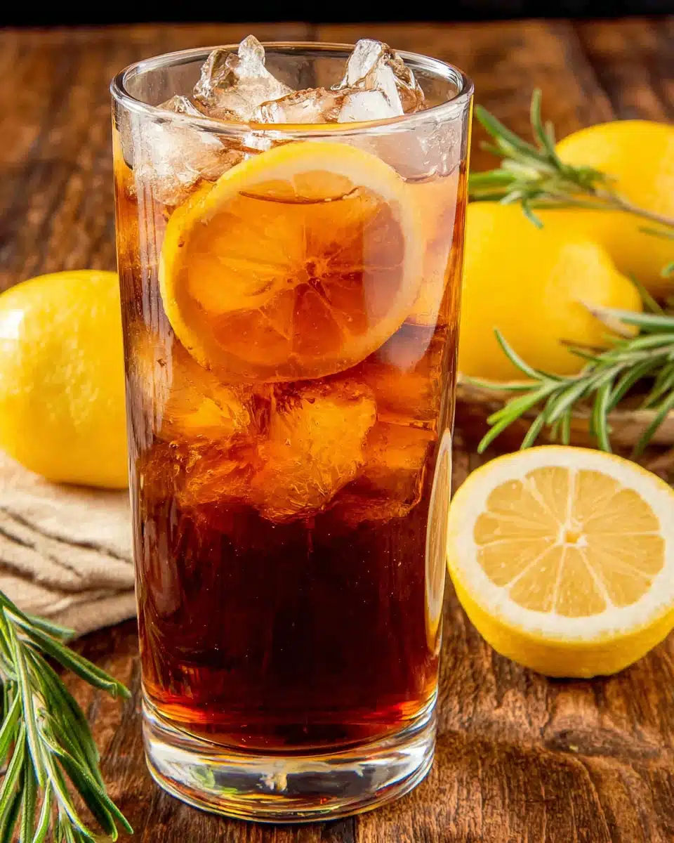 Homemade Lemon Sweet Tea with Fresh Garnish Homemade lemon sweet tea with ice, lemon slice, and rosemary garnish