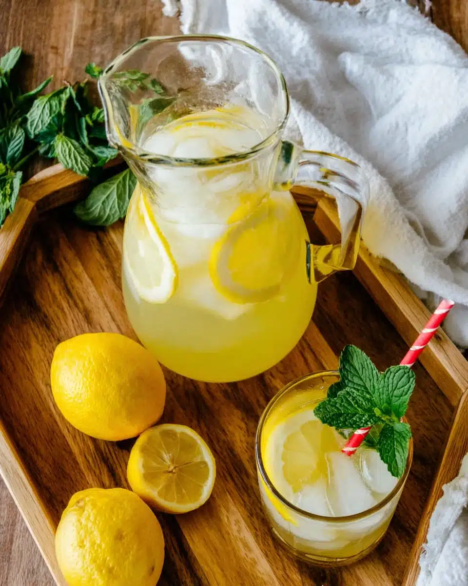Homemade lemonade in a glass pitcher with lemon slices and mint, served over ice