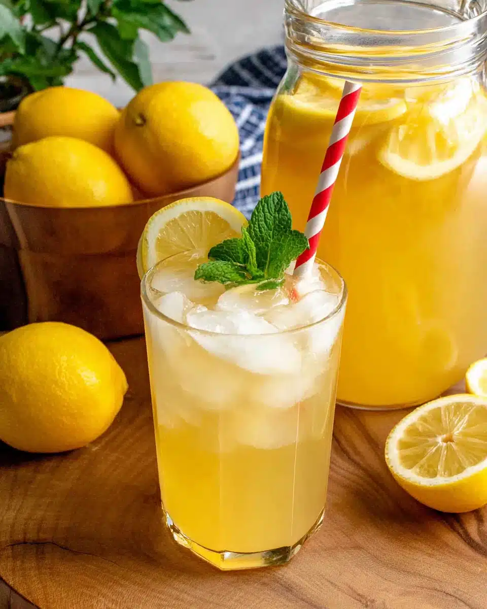 Homemade lemonade in a mason jar with ice, mint, and lemon slice, pitcher in background