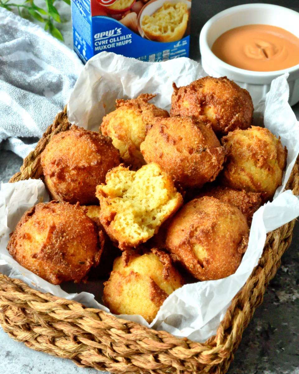 Crispy golden hush puppies in a basket with Jiffy mix and dipping sauce