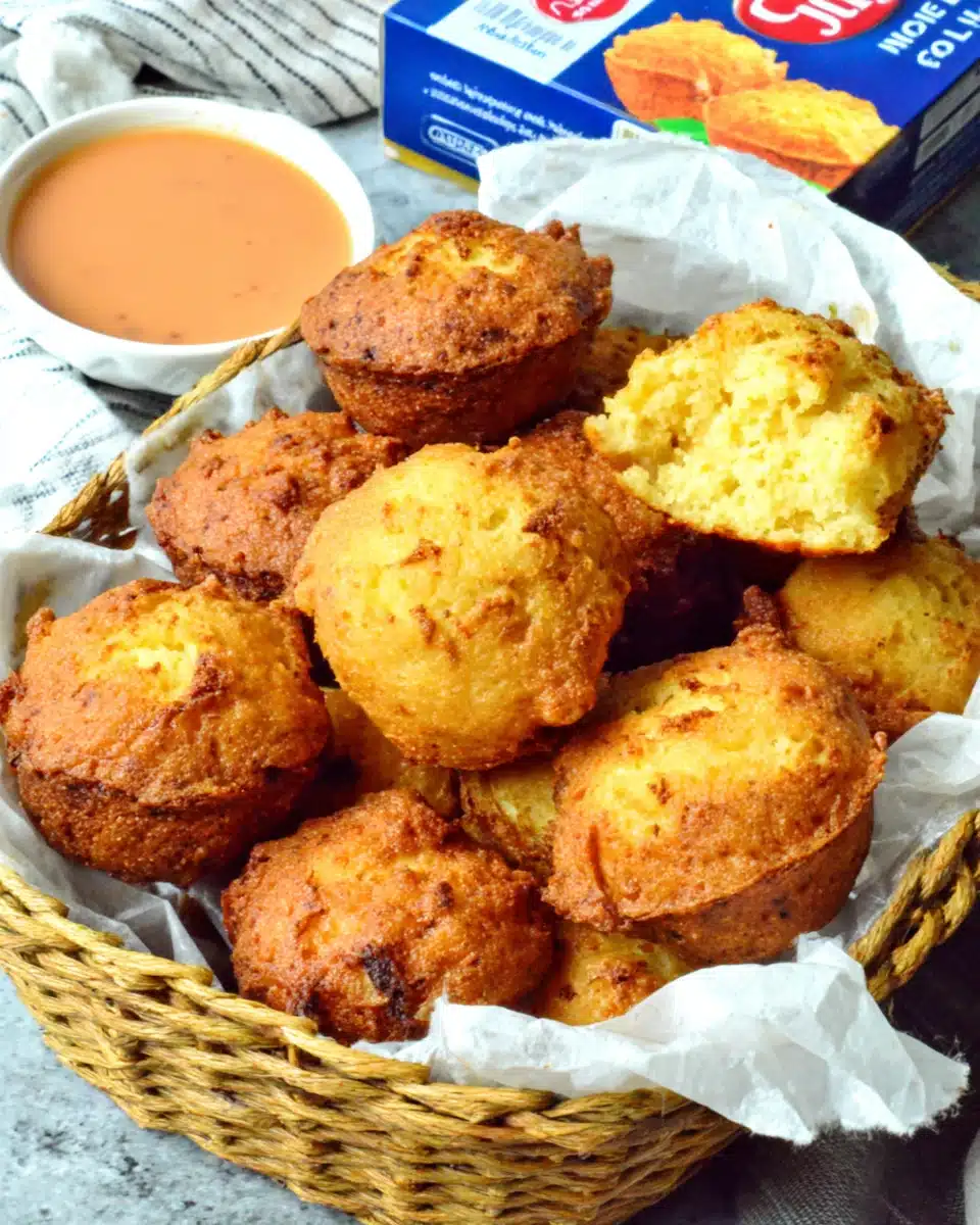 Crispy golden hush puppies in a basket with Jiffy mix and dipping sauce