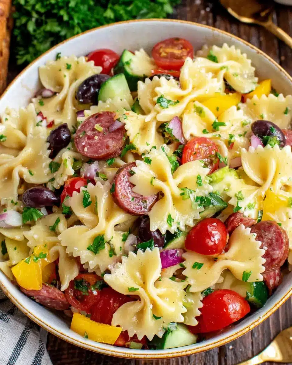 Colorful Italian pasta salad with bow tie pasta, tomatoes, cucumbers, olives, and cheese