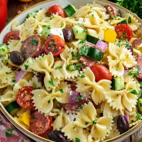 Colorful Italian pasta salad with bow tie pasta, tomatoes, cucumbers, olives, and cheese