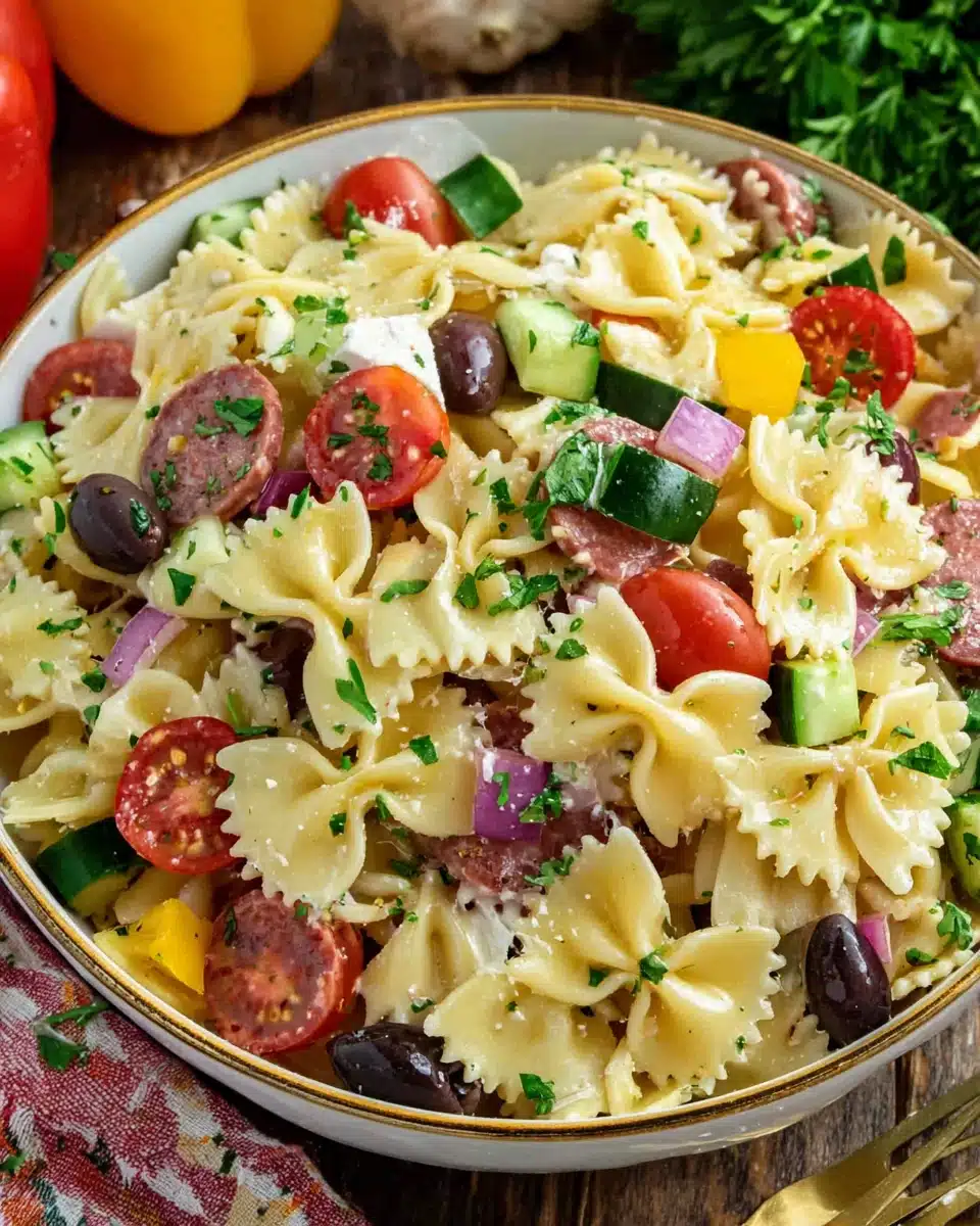 Colorful Italian pasta salad with bow tie pasta, tomatoes, cucumbers, olives, and cheese