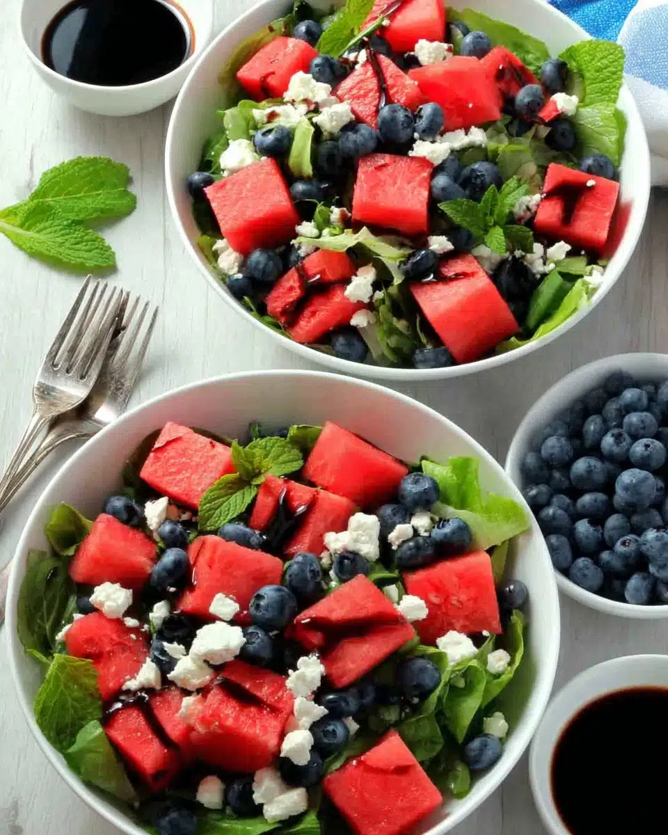 July 4th salad with watermelon, blueberries, feta, and mint