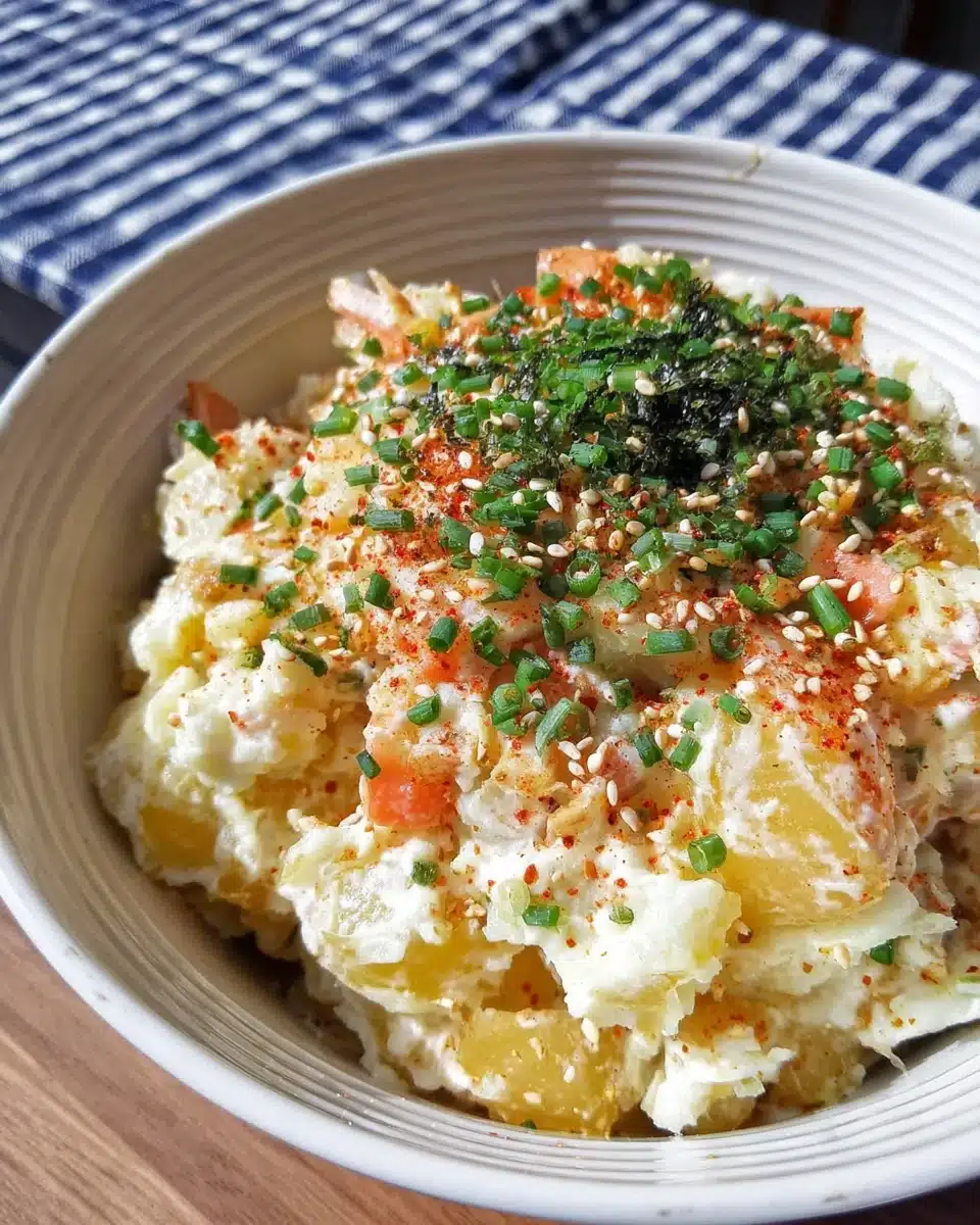 Creamy Korean potato salad with green onions and sesame seeds in a white bowl