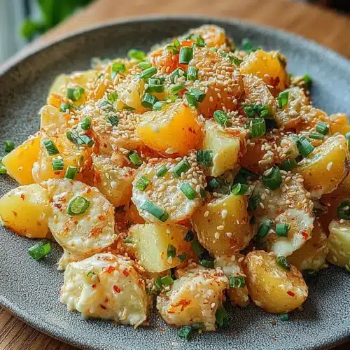 Korean potato salad with sesame seeds and green onions on a gray plate