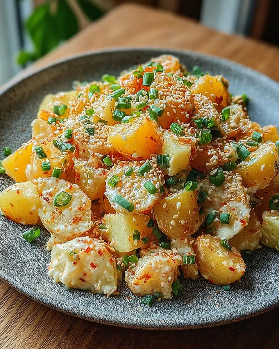 Korean potato salad with sesame seeds and green onions on a gray plate