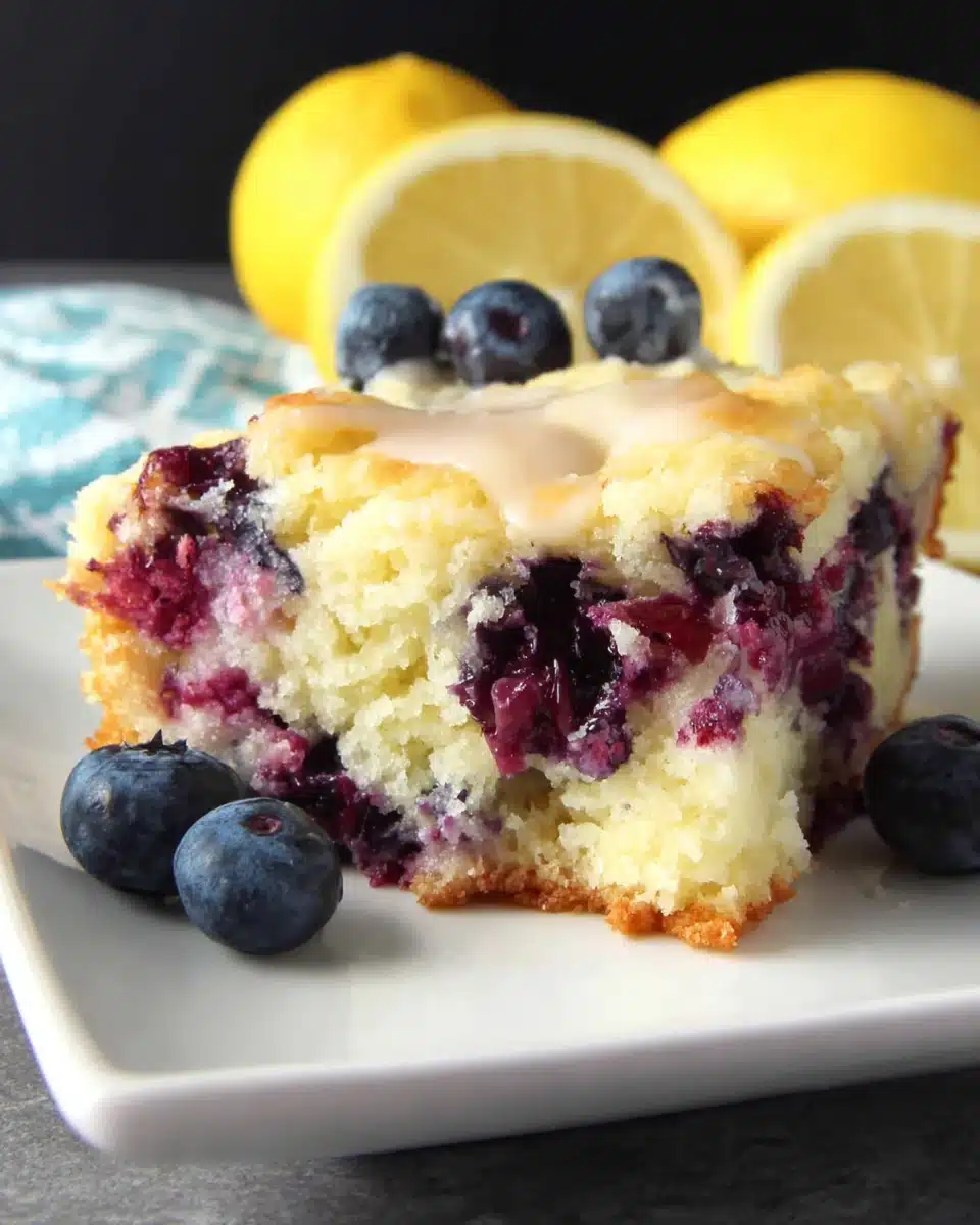 Lemon blueberry breakfast cake slice with fresh blueberries and lemon halves