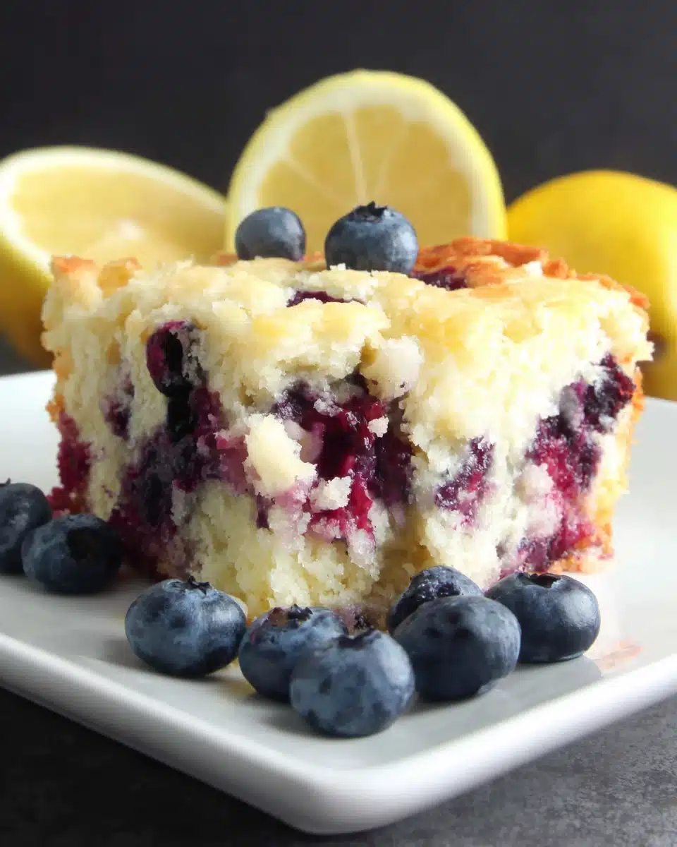 Lemon blueberry breakfast cake slice with fresh blueberries and lemon halves