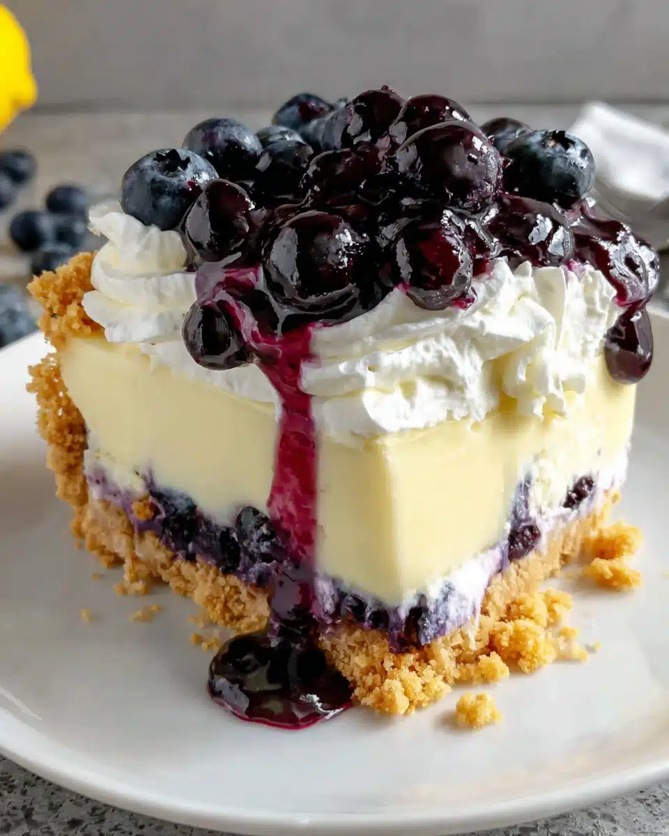 Lemon Blueberry Dream Dessert Slice Lemon blueberry dream dessert slice with graham cracker crust, blueberry layer, creamy lemon filling, and whipped topping