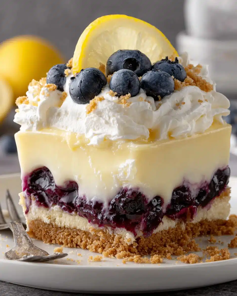 Lemon blueberry lush dessert slice with graham cracker crust, creamy layers, and blueberry topping