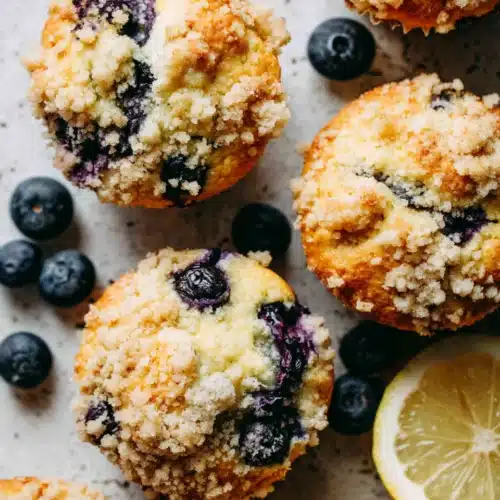 Freshly baked lemon blueberry muffins with crumble topping and lemon zest