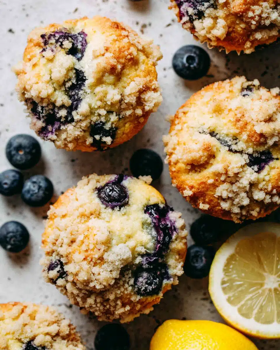 Freshly baked lemon blueberry muffins with crumble topping and lemon zest