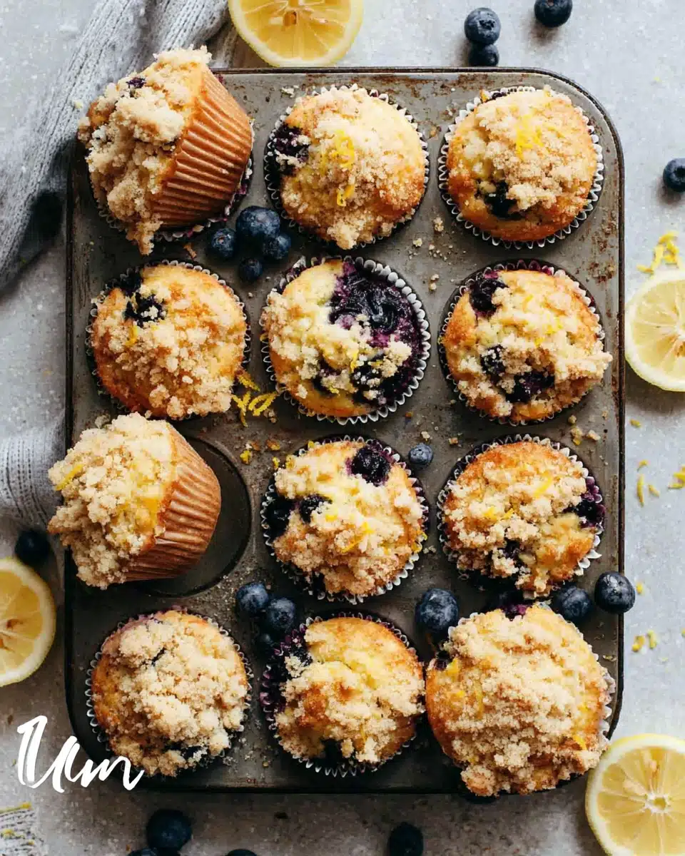 Freshly baked lemon blueberry muffins with crumble topping in a muffin tin