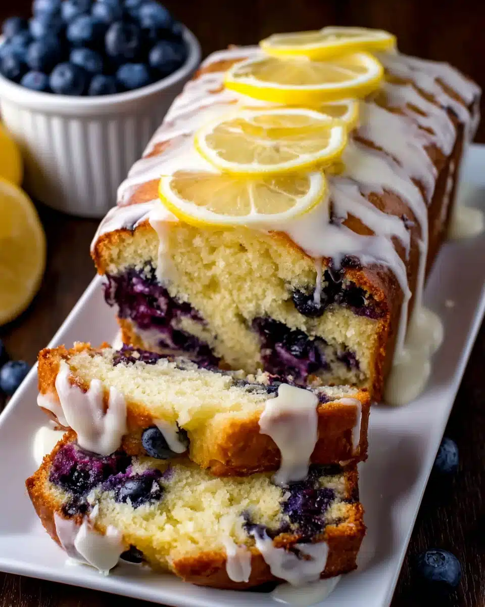 Lemon blueberry yogurt cake with white icing and lemon slices, fresh blueberries on side