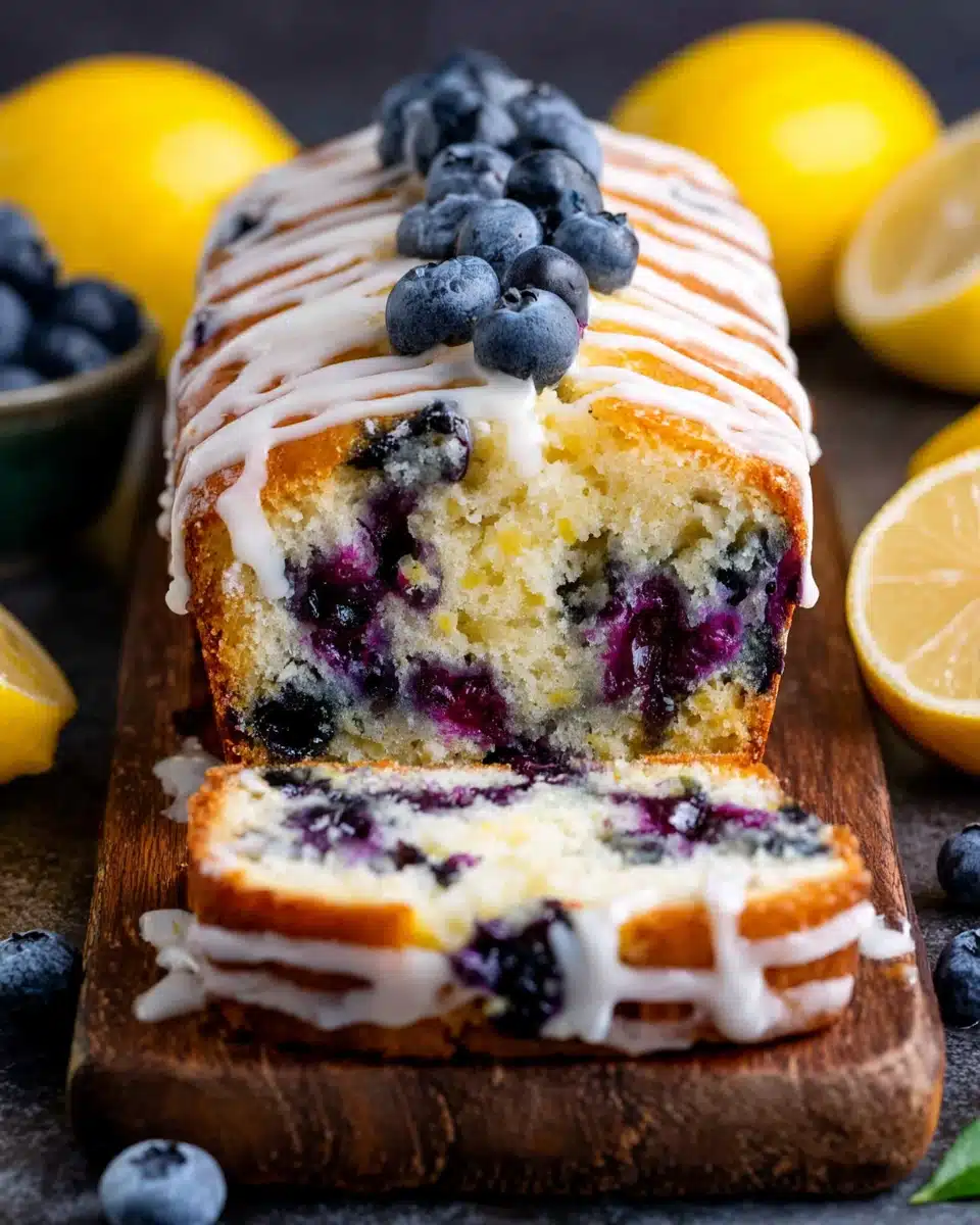 Lemon blueberry yogurt cake with white icing and fresh berries