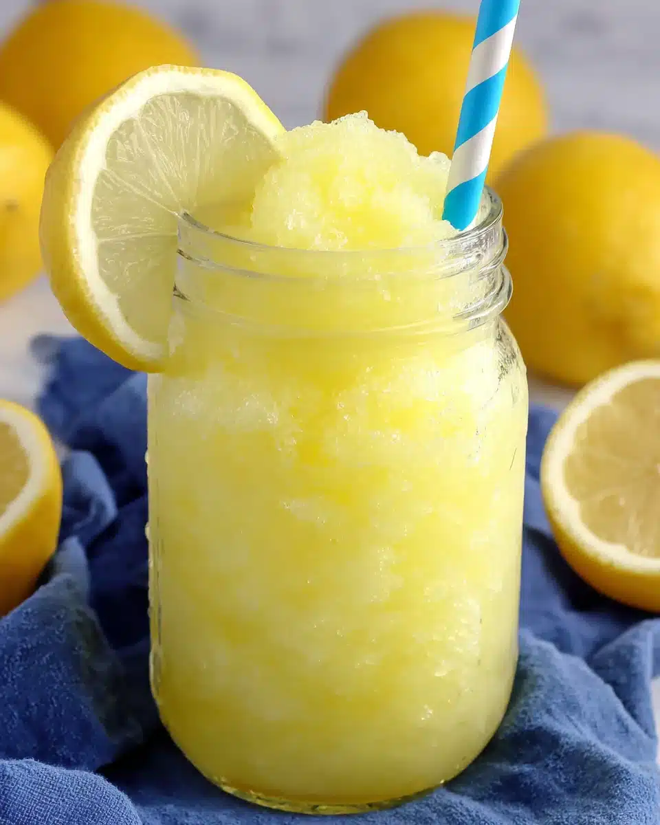 Refreshing Lemonade Slushie in Mason Jar Lemonade slushie in a jar with lemon slice and blue straw