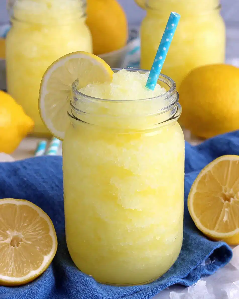 Refreshing Lemonade Slushie with Lemon Garnish Lemonade slushie in a jar with lemon slice and blue straw