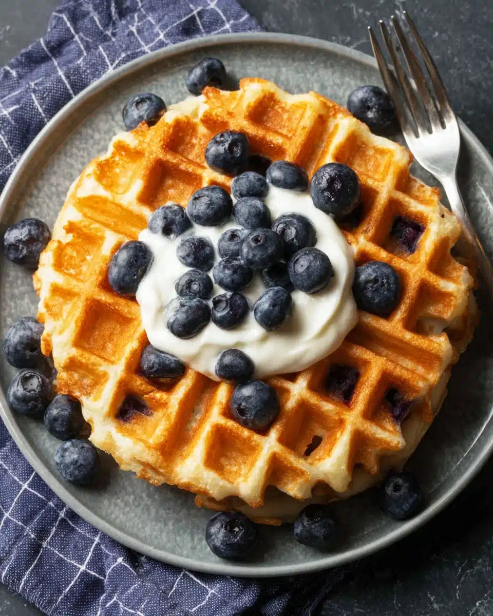 Low Calorie Blueberry Waffles with Yogurt Topping Low calorie blueberry waffle with yogurt and fresh blueberries on a plate