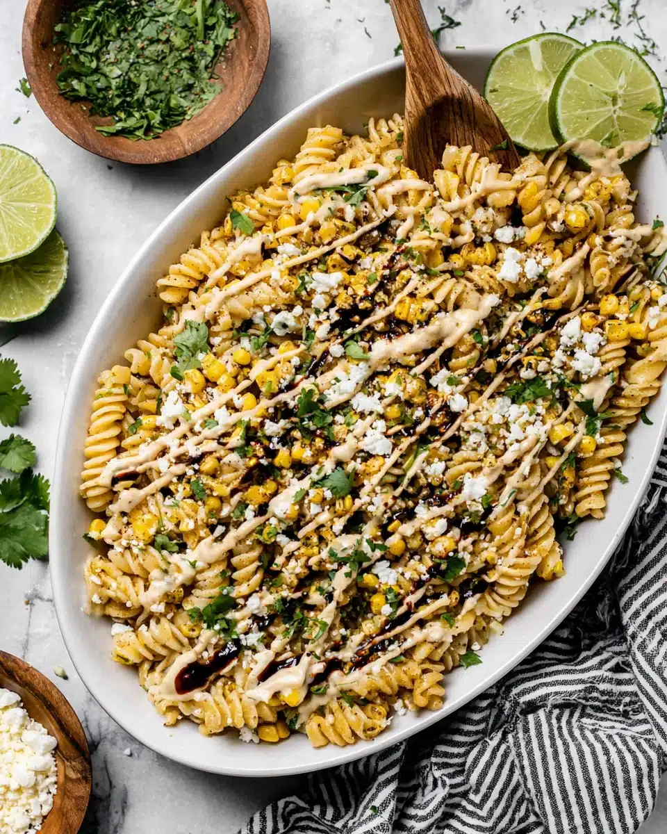 Mexican elote street corn pasta salad with corn, cheese, and lime