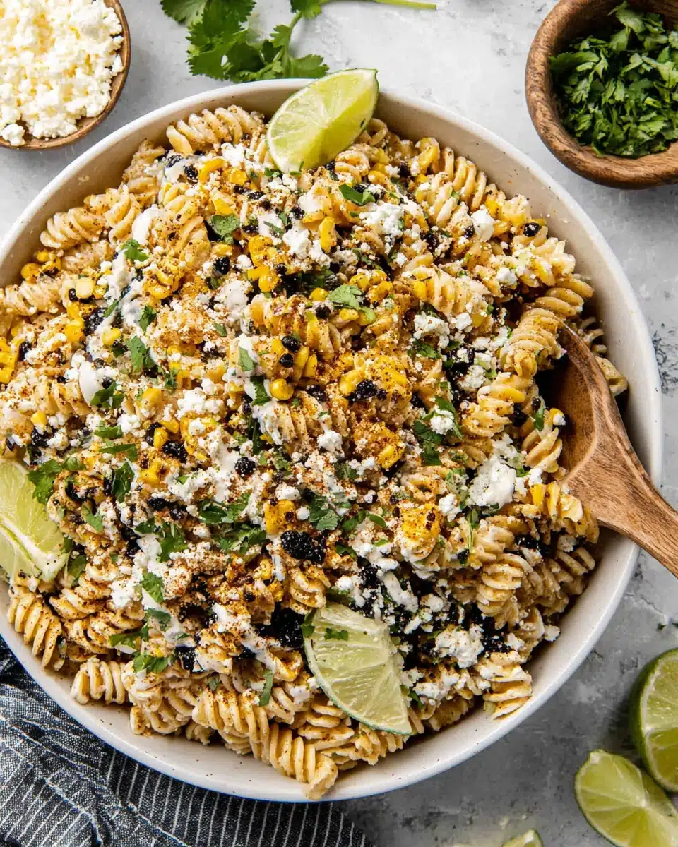 Mexican elote street corn pasta salad with rotini, corn, cheese, and cilantro