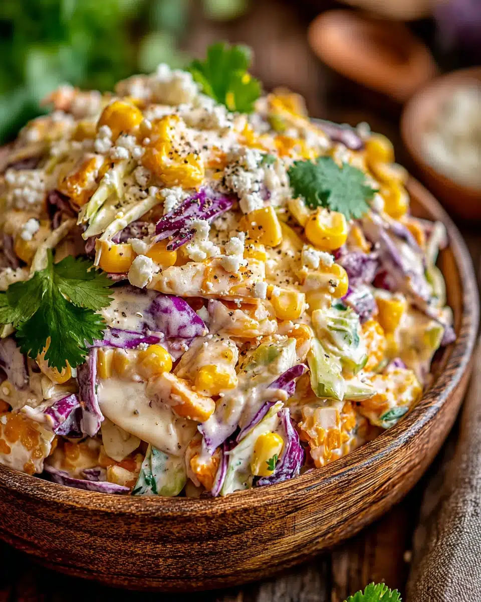 Mexican street corn coleslaw with colorful cabbage, corn, and cilantro in a wooden bowl