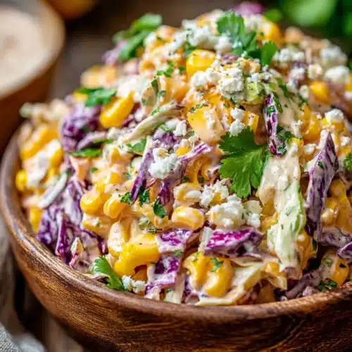 Mexican street corn coleslaw with corn, cabbage, cilantro, and creamy dressing
