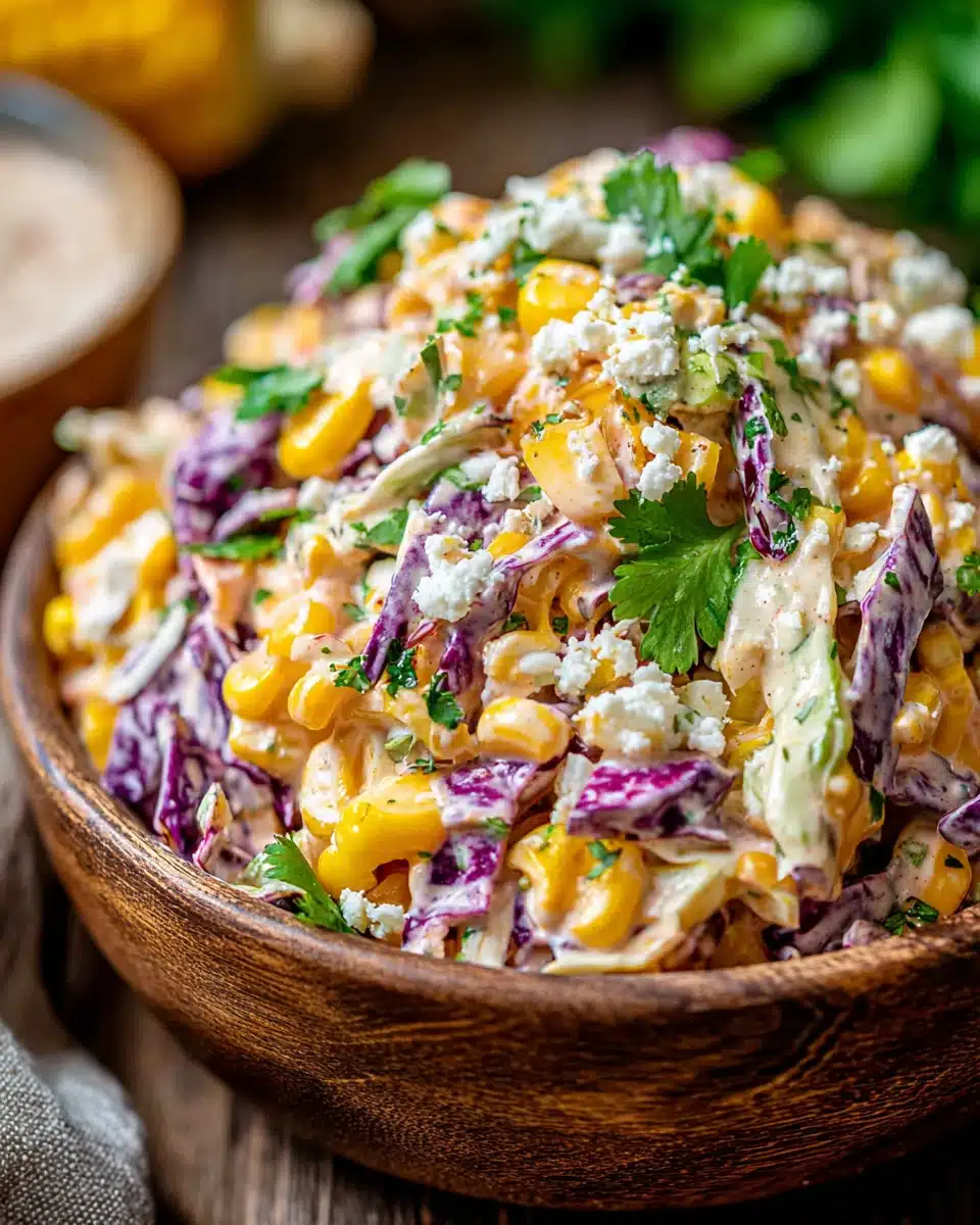 Mexican street corn coleslaw with corn, cabbage, cilantro, and creamy dressing