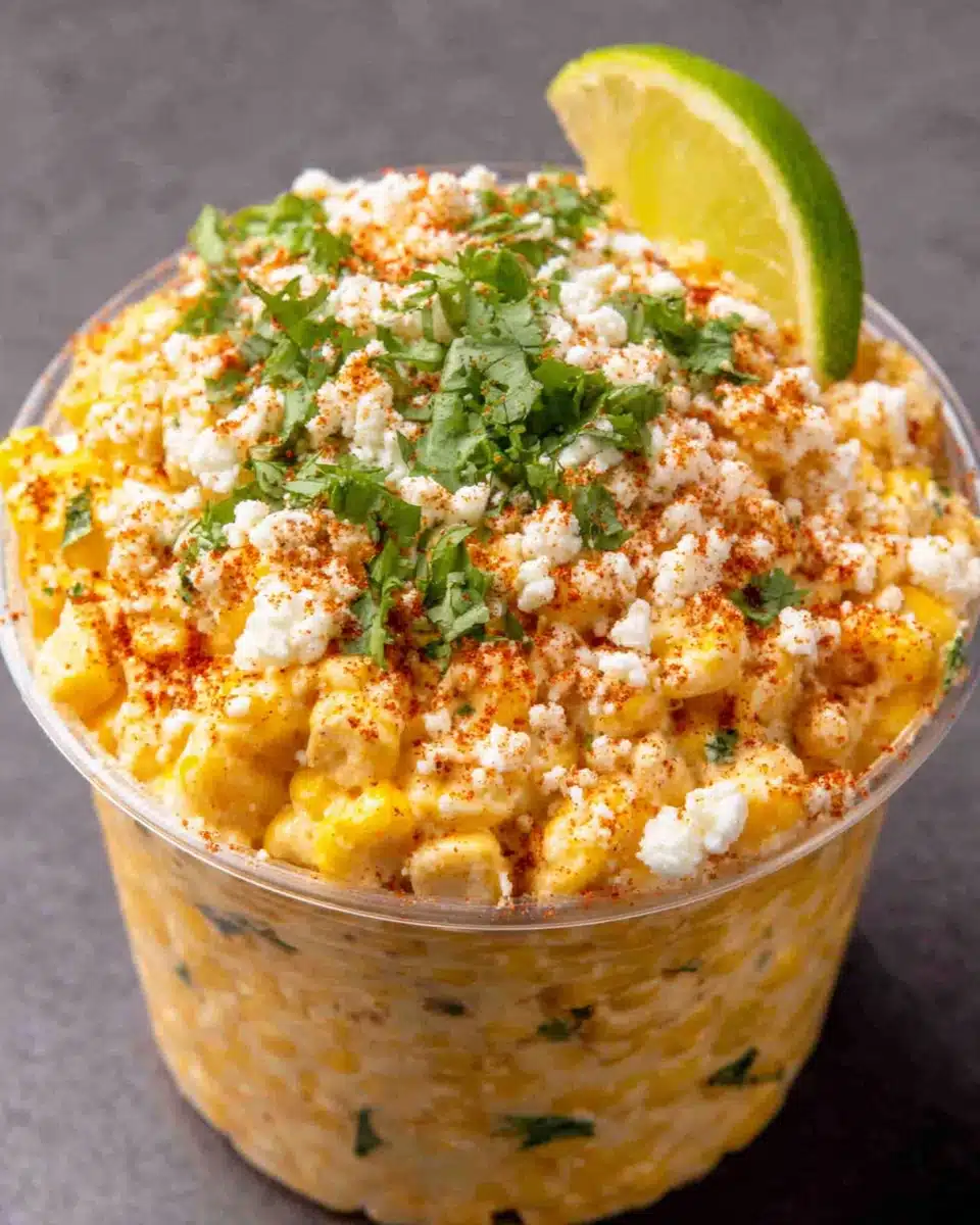 Mexican street corn elote in a cup with Cotija cheese and cilantro