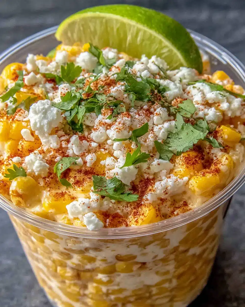 Mexican street corn elote in a cup with Cotija cheese, cilantro, and lime