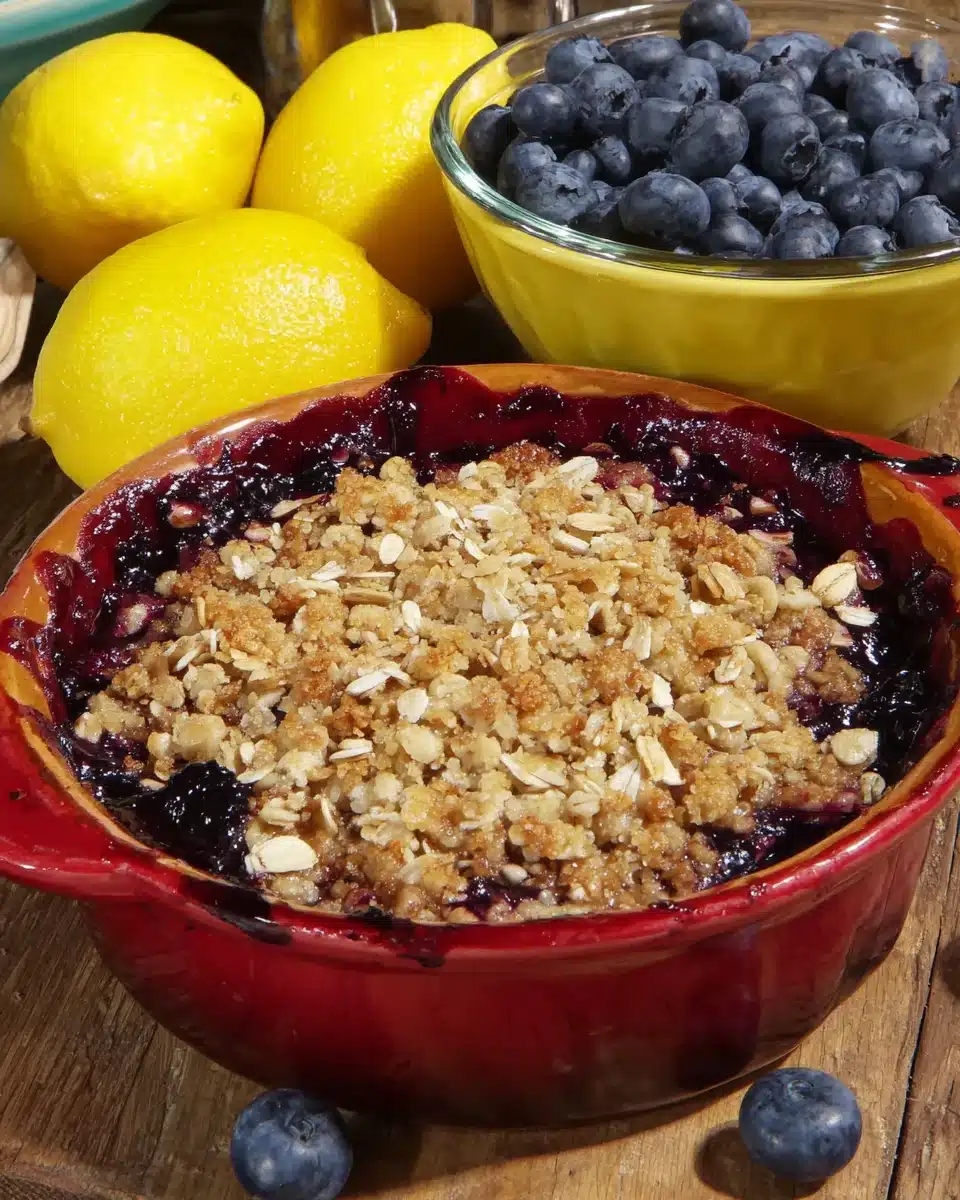 Mini blueberry crisp in a red dish with fresh blueberries and lemons nearby
