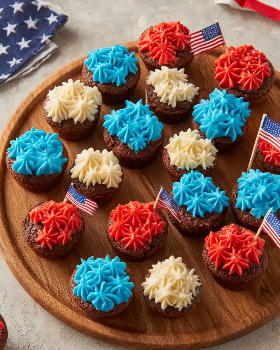 Mini brownie bites with red, white, and blue frosting on a wooden board with American flags
